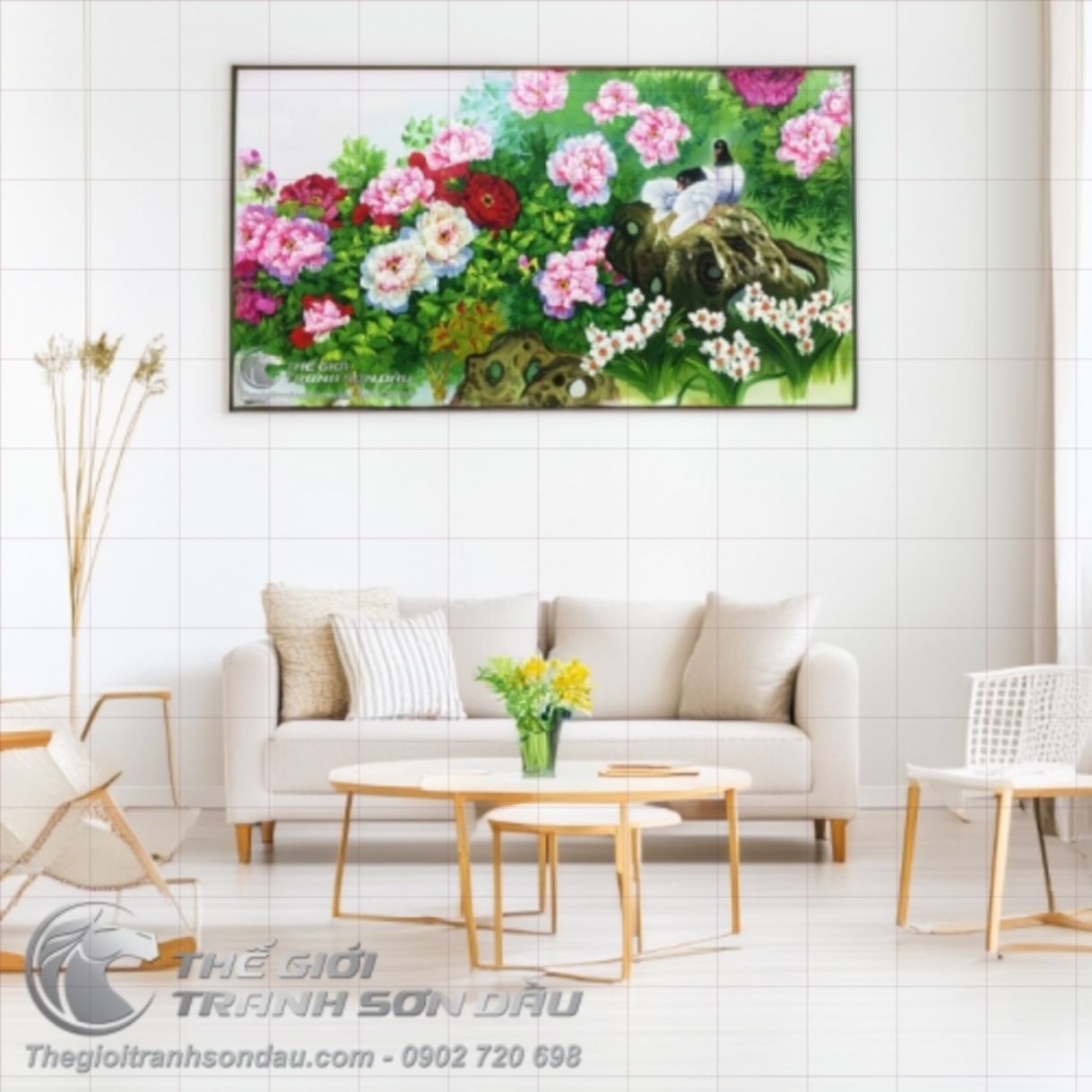 Tranh Phong Thủy Hoa Mẫu Đơn Và Đôi Chim Mang Lộc Tài 