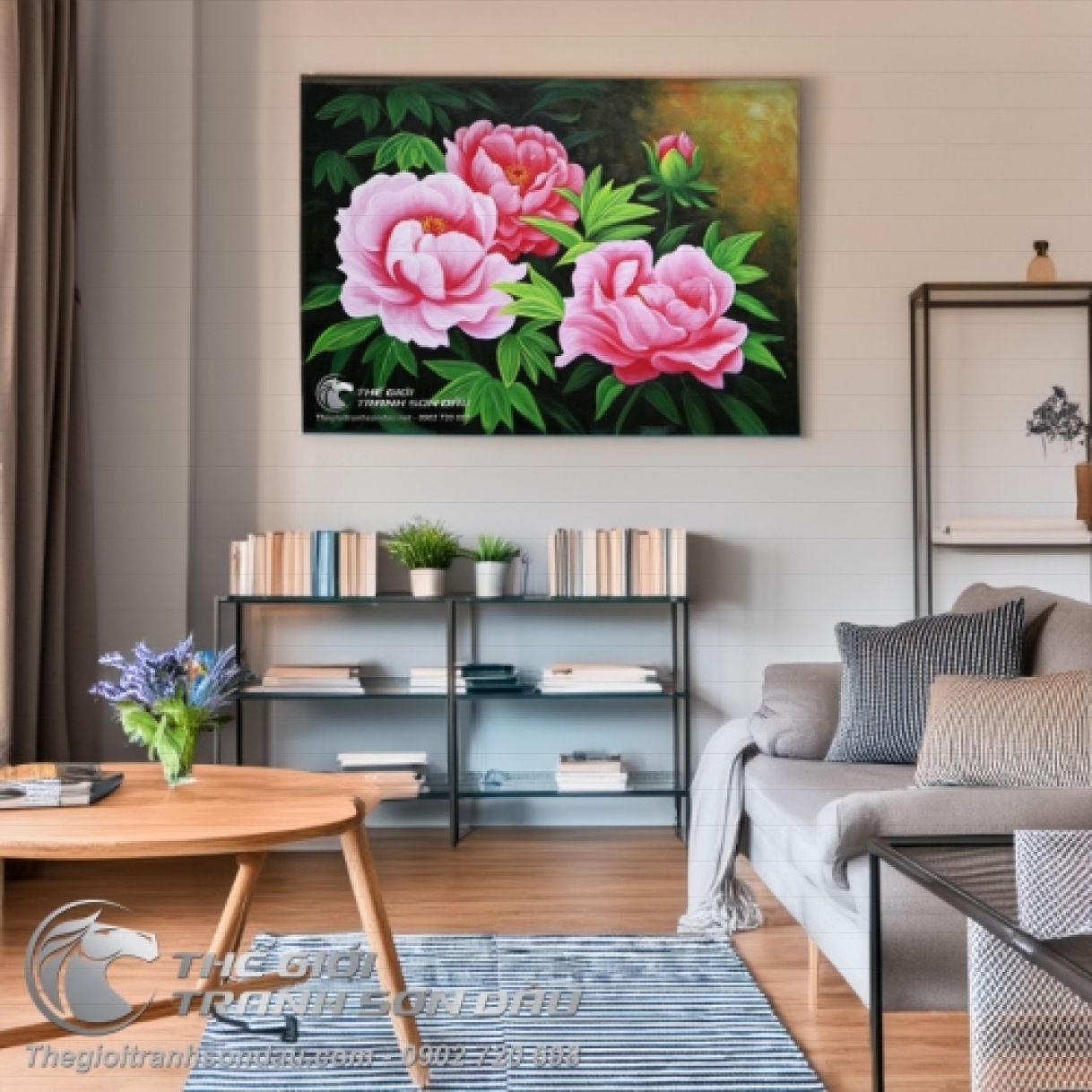 Tranh Sơn Dầu Bốn Hoa Mẫu Đơn Màu Hồng Trang Trí Phòng Ngủ 60x90cm 
