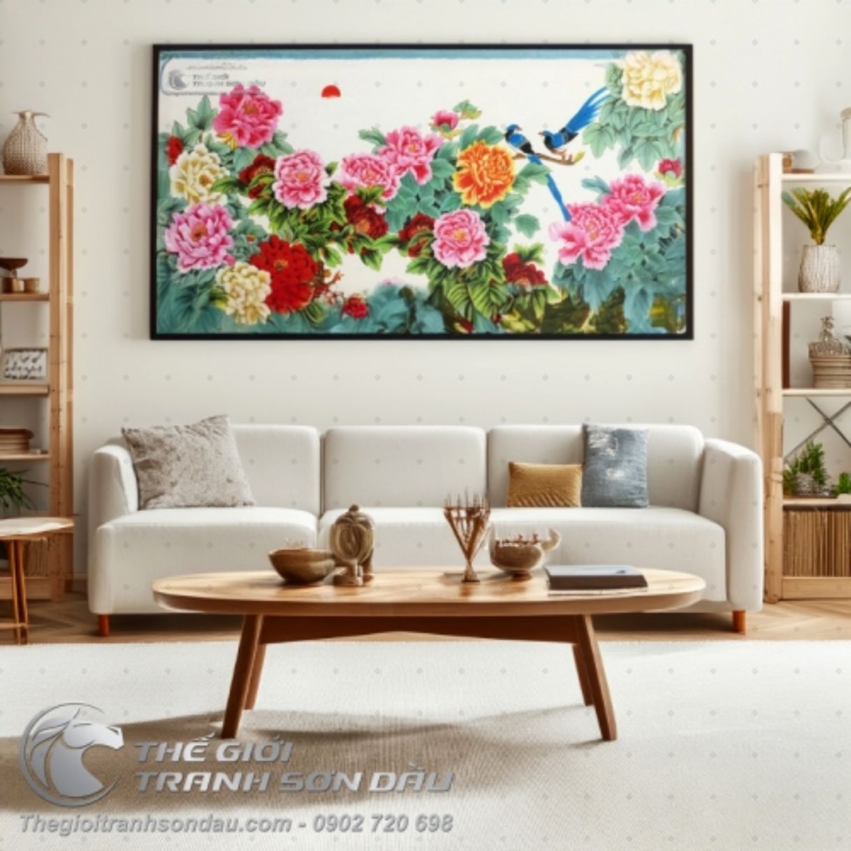 Tranh sơn dầu phong thủy vườn hoa mẫu đơn đôi chim khung 60x90cm 