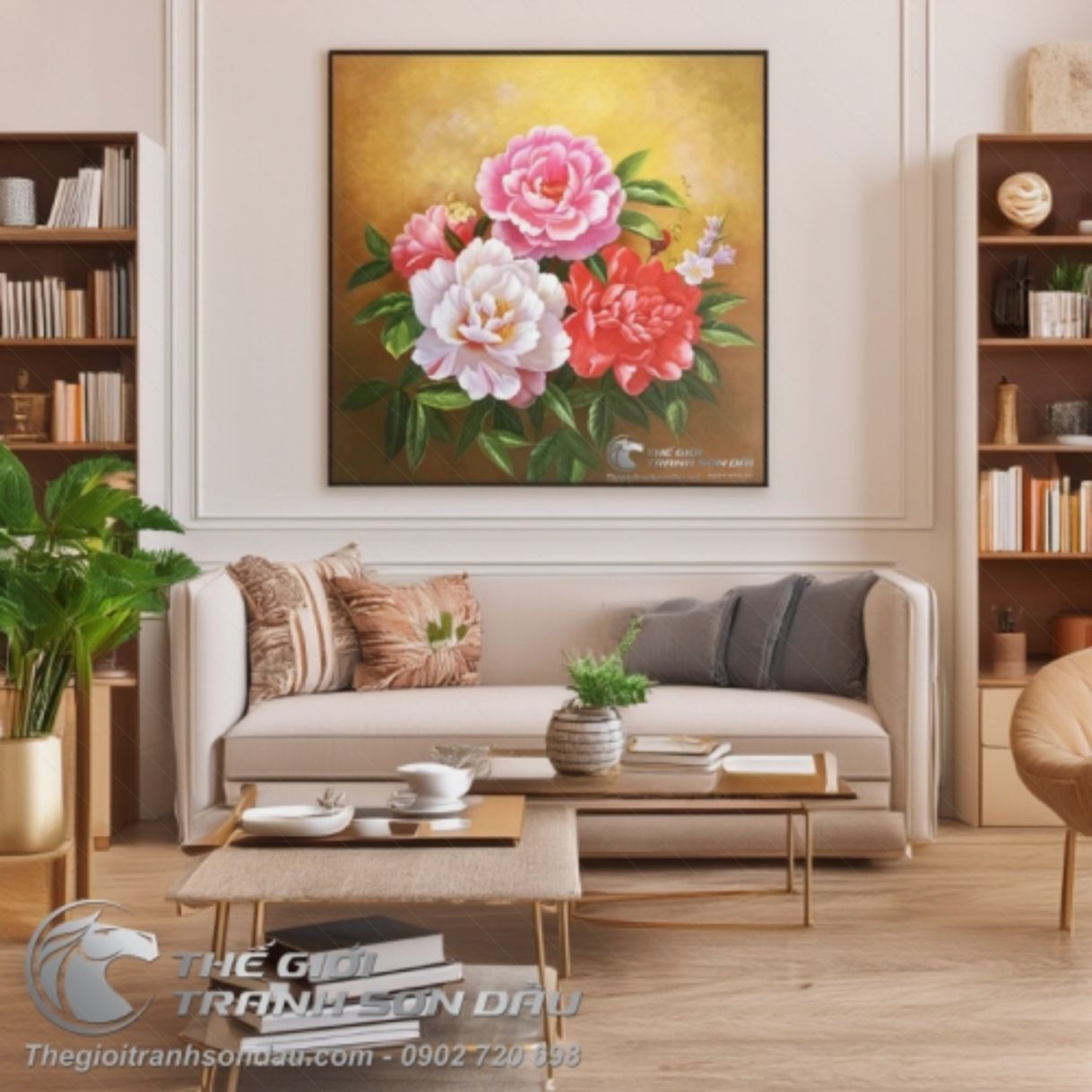 Tranh Sơn Dầu Phong Thủy Hoa Mẫu Đơn Sang Trọng 60x90 