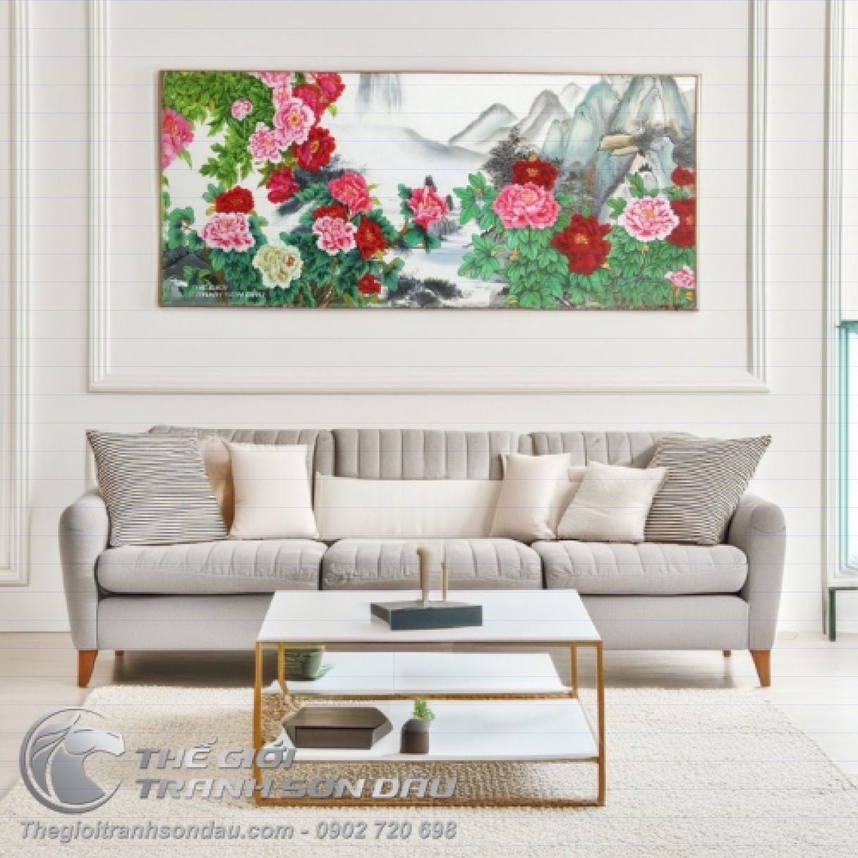 Tranh Sơn Dầu Phong Cảnh Thủy Mặc Vườn Hoa Mẫu Đơn Đa Sắc 