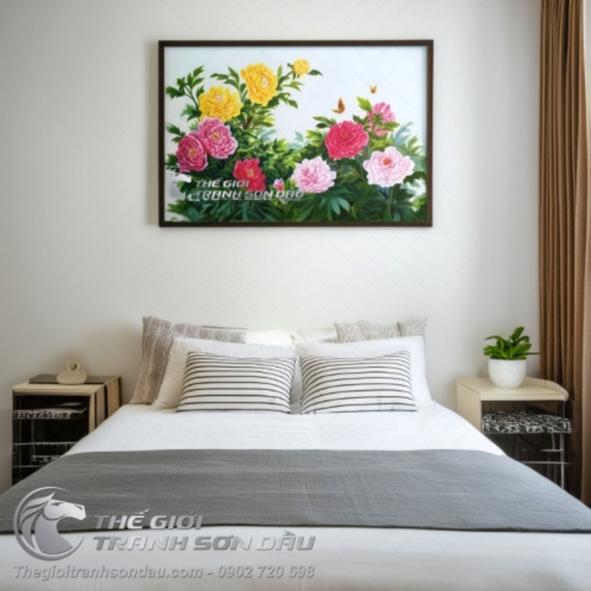 Tranh Hoa Mẫu Đơn Phong Thủy 9 Bông Sơn Dầu 60x100cm May Mắn 