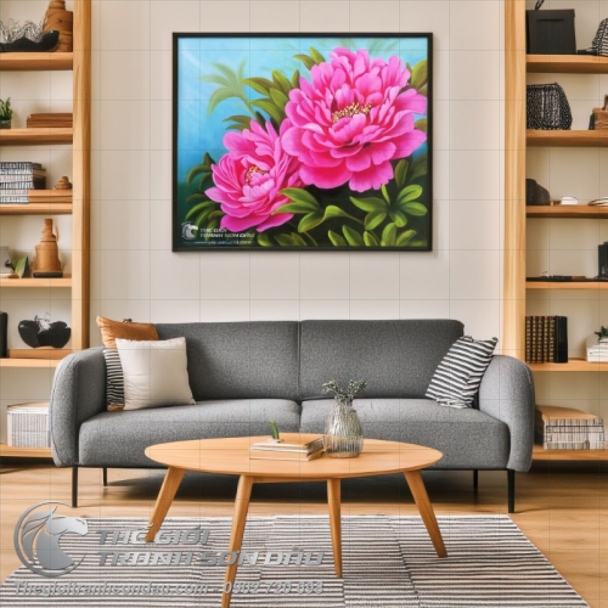 Tranh sơn dầu 2 bông hoa mẫu đơn hồng nhẹ nhàng 50x60cm 