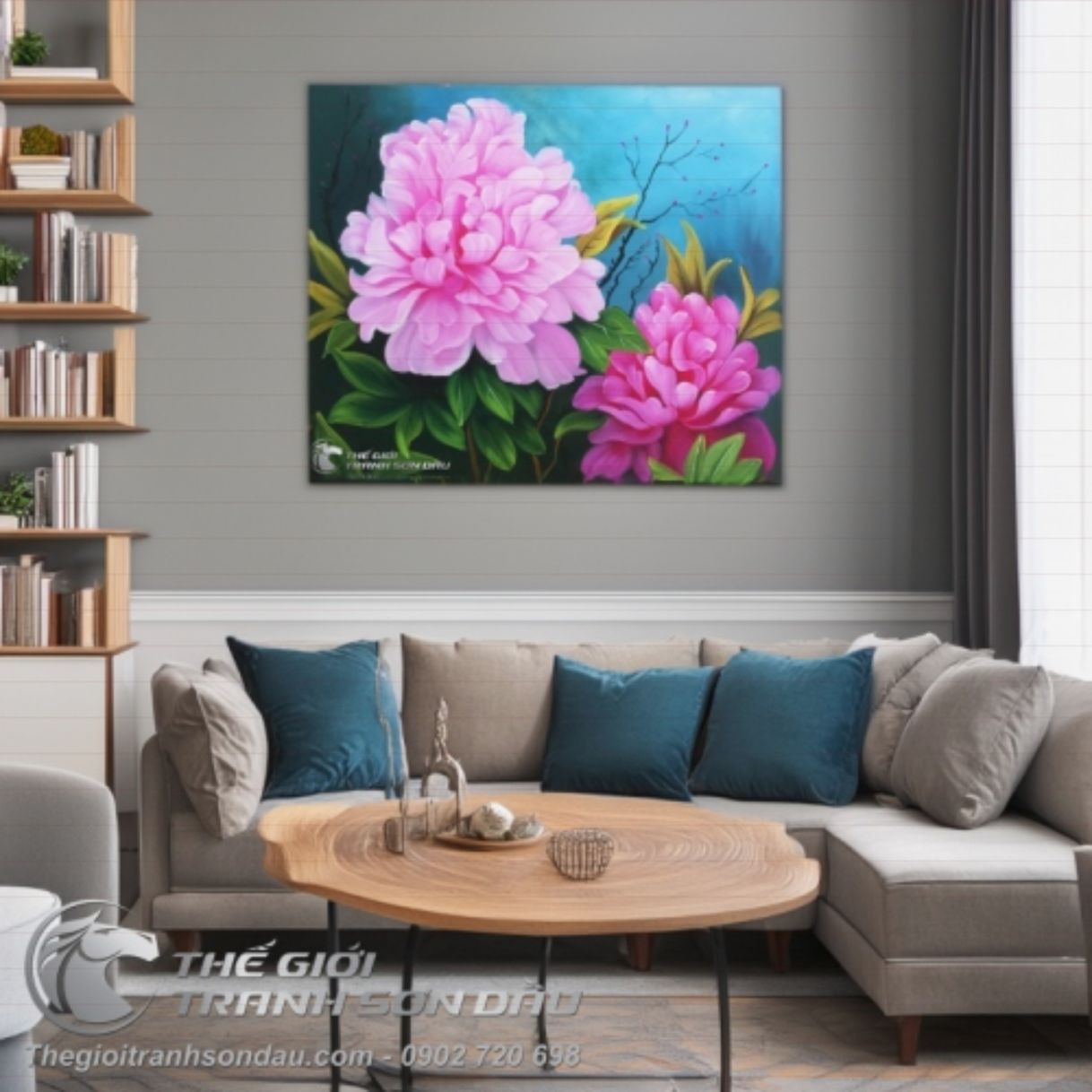 Tranh Hoa Mẫu Đơn Hồng Trắng Treo Phòng Ngủ Sơn Dầu 50x60cm Đa Sắc 