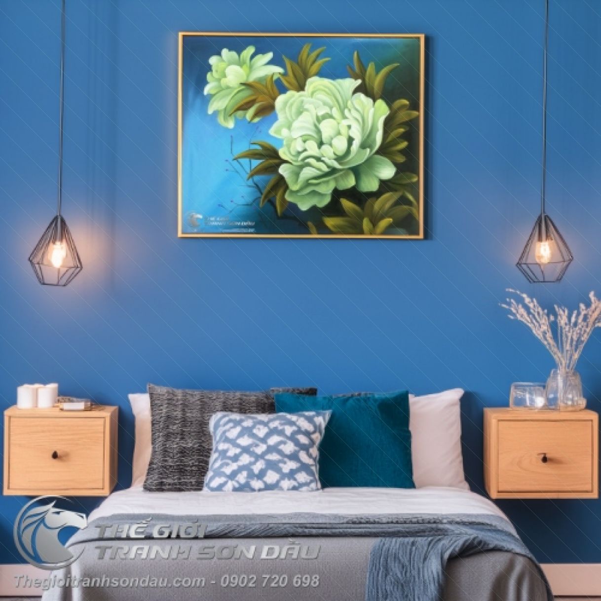 Tranh Hoa Mẫu Đơn Phong Thủy Xanh Ngọc Sơn Dầu 50x60cm 