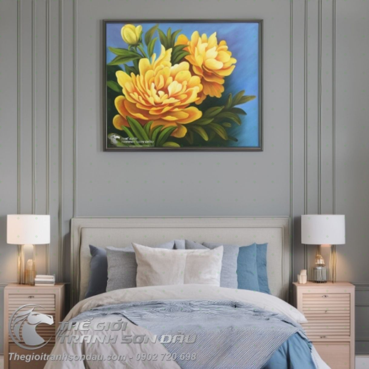 Tranh Sơn Dầu Hoa Mẫu Đơn Vàng 50x60cm Khung 5cm Đa Màu 