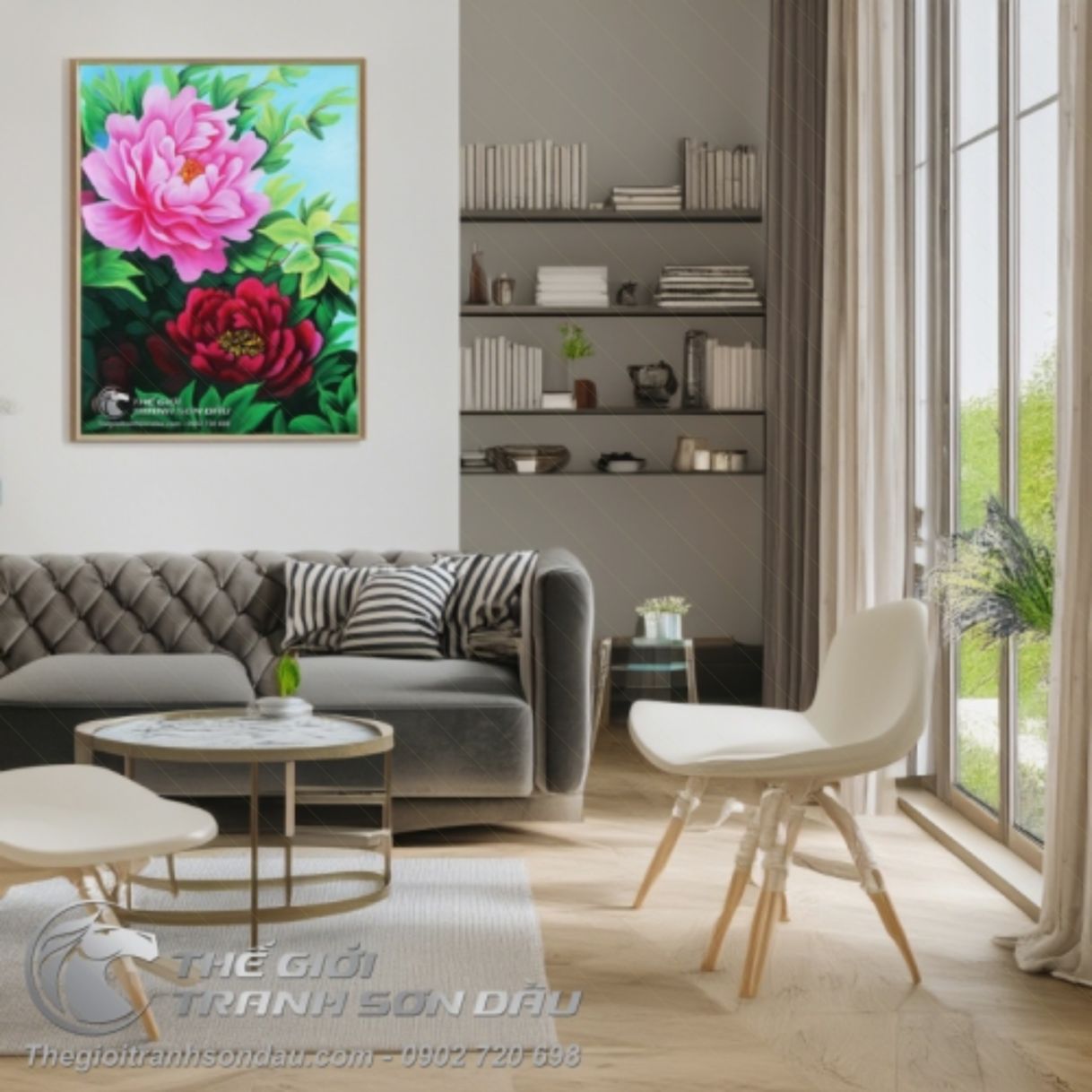 Tranh Hoa Mẫu Đơn Đẹp Khổ Đứng Sơn Dầu Đa Sắc 