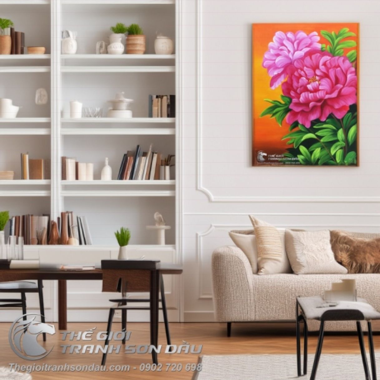 Tranh Hoa Mẫu Đơn Phong Thủy Sơn Dầu 50x70cm Tươi Sáng Trang Trí 