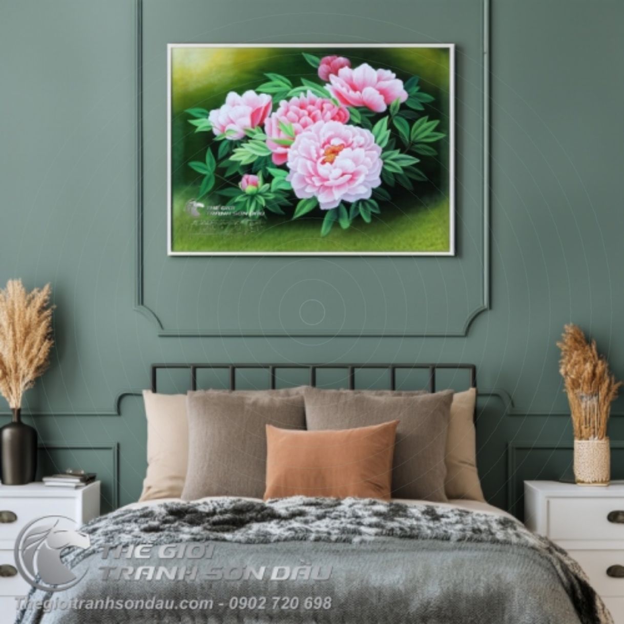 Tranh Sơn Dầu Hoa Mẫu Đơn Màu Hồng Trắng 60x90cm Đẹp 