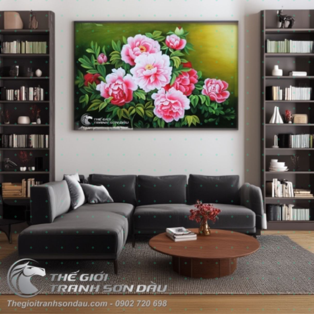 Tranh Sơn Dầu Hoa Mẫu Đơn Treo Phòng Khách 60x90cm Đa sắc nổi bật 