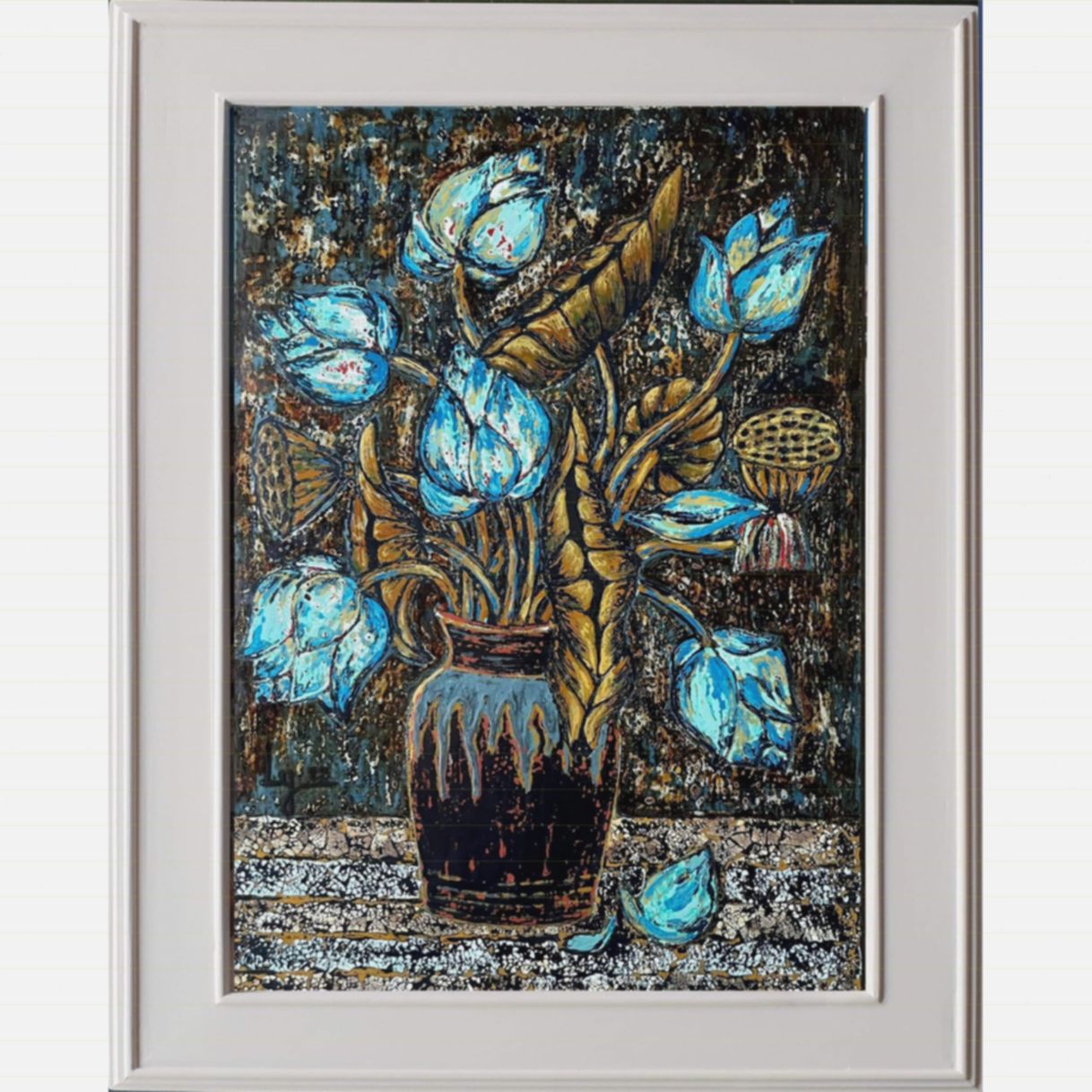 Tranh hoa sen xanh sơn mài tinh tế độc bản 50x70cm 