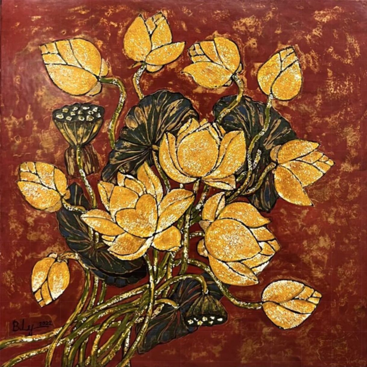 Tranh Hoa Sen Sen Vũ Sơn Mài 100x100cm Độc Bản Năm 2022 