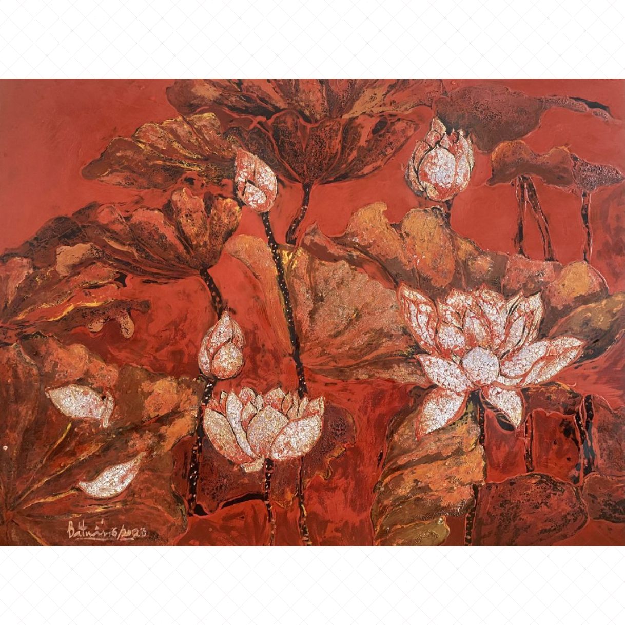 Tranh Hoa Sen Hạ Liên Thanh Sơn Mài Độc Bản Kích Thước 60x80cm 