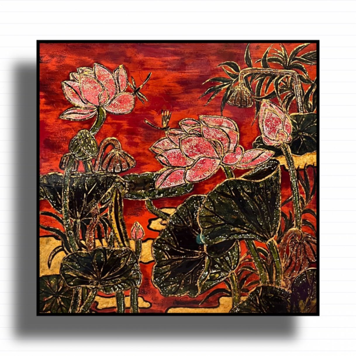 Tranh sơn mài hoa sen thoảng hương 100x100cm năm 2023 độc bản 