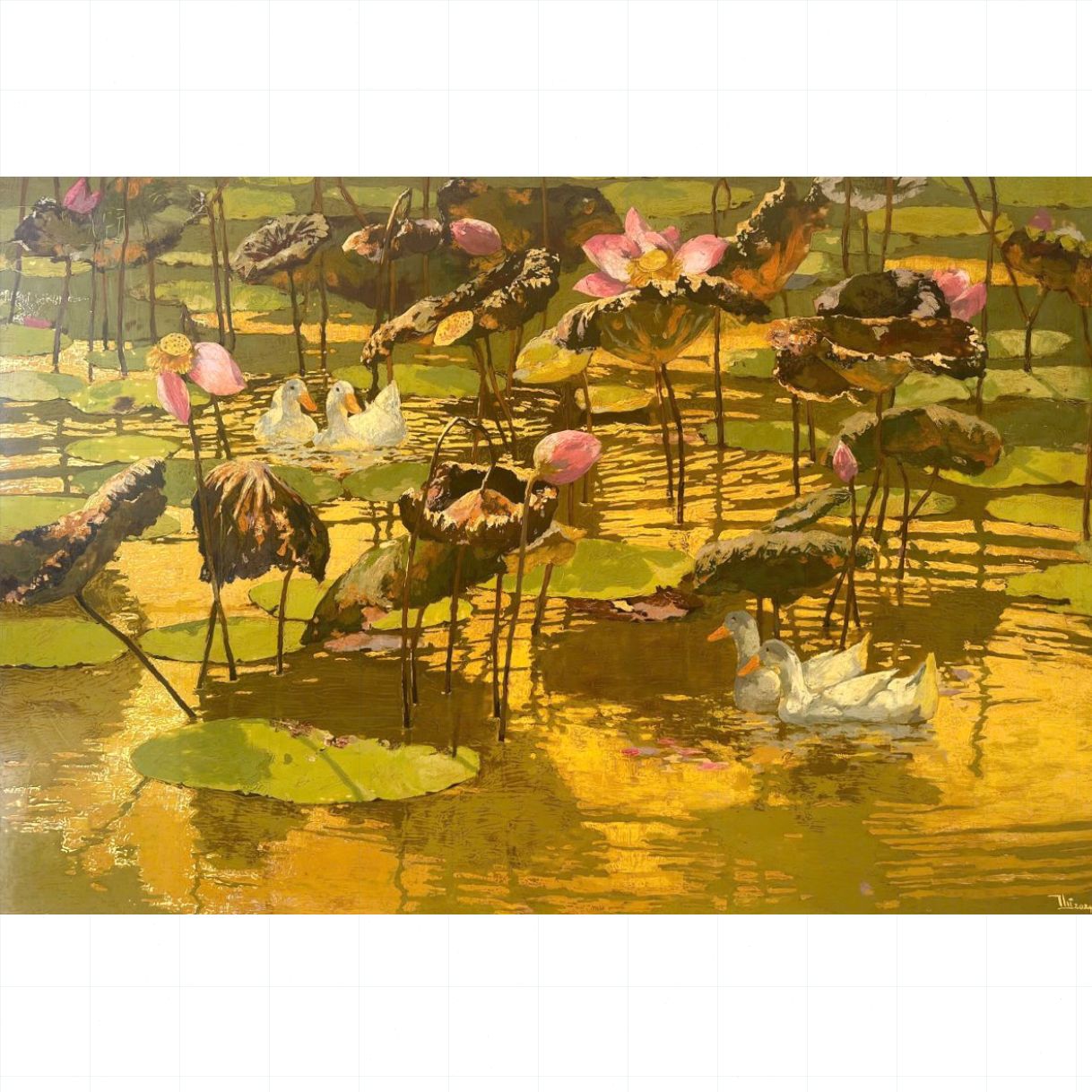 Tranh Sơn Mài Hoa Sen Hạ Vàng Độc Bản 80x120cm 2024 