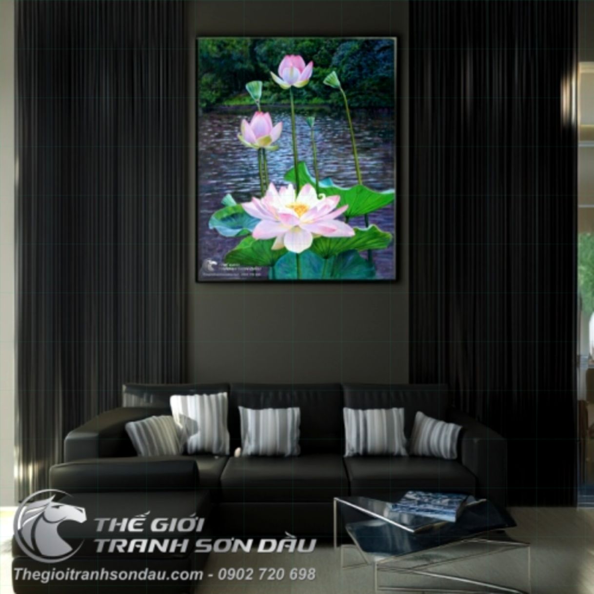Tranh Khóm Hoa Sen Trên Mặt Hồ Sơn Dầu 60x200cm Đa Sắc Sang Trọng 