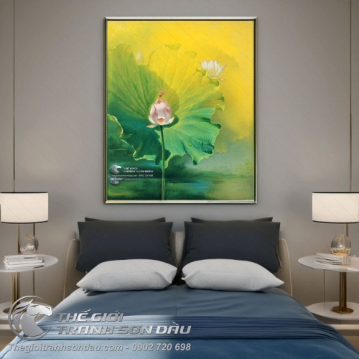 Tranh hoa sen trắng và con chuồn chuồn sơn dầu đẹp 
