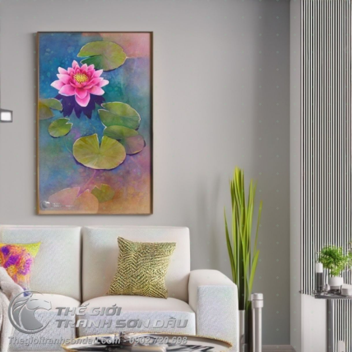 Tranh Sơn Dầu Hồng Liên Nở Trên Mặt Hồ Thanh Bình 