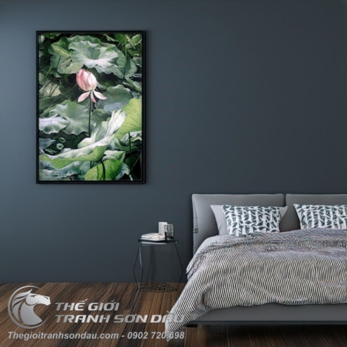 Tranh Hoa Sen Hồng Lá Sen Xanh Sơn Dầu 60x200cm Đa Sắc Tinh Tế 