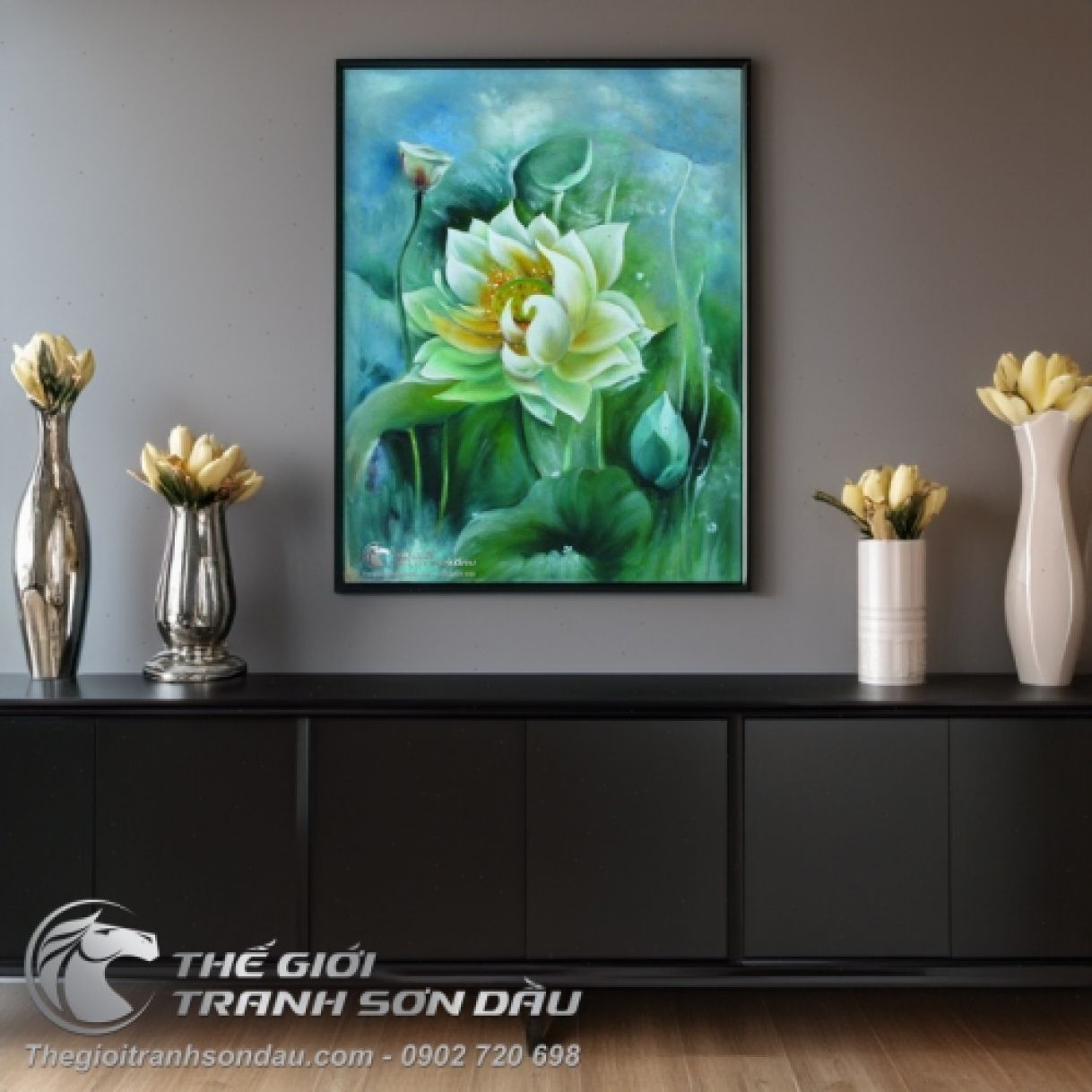 Tranh Sơn Dầu Hoa Sen Trắng Tao Nhã Đa Kích Thước Đa Sắc 60x90cm 
