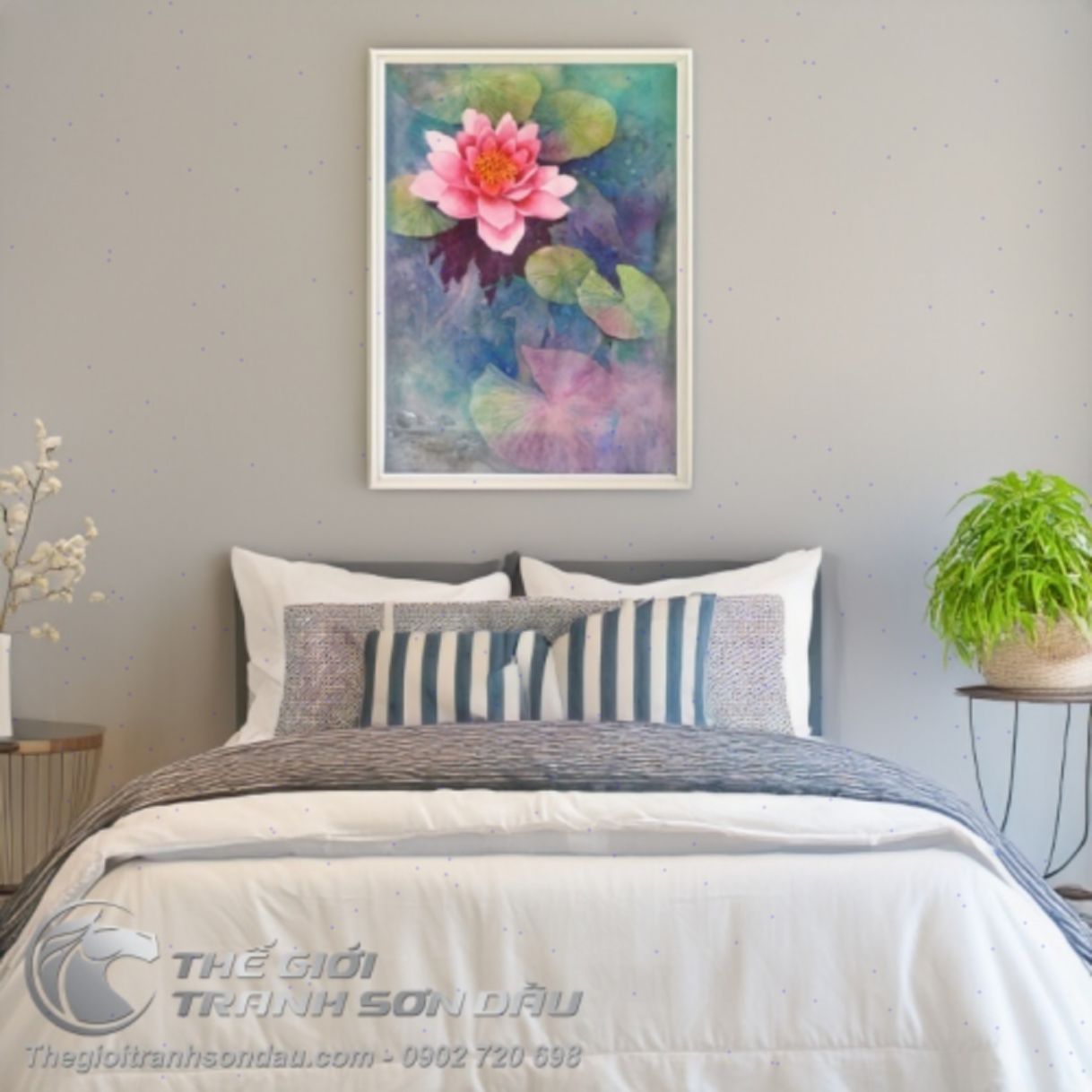 Tranh Hoa Sen Lá Sen Mặt Hồ Sơn Dầu 60-100cm Khung Đẹp Đa Sắc 
