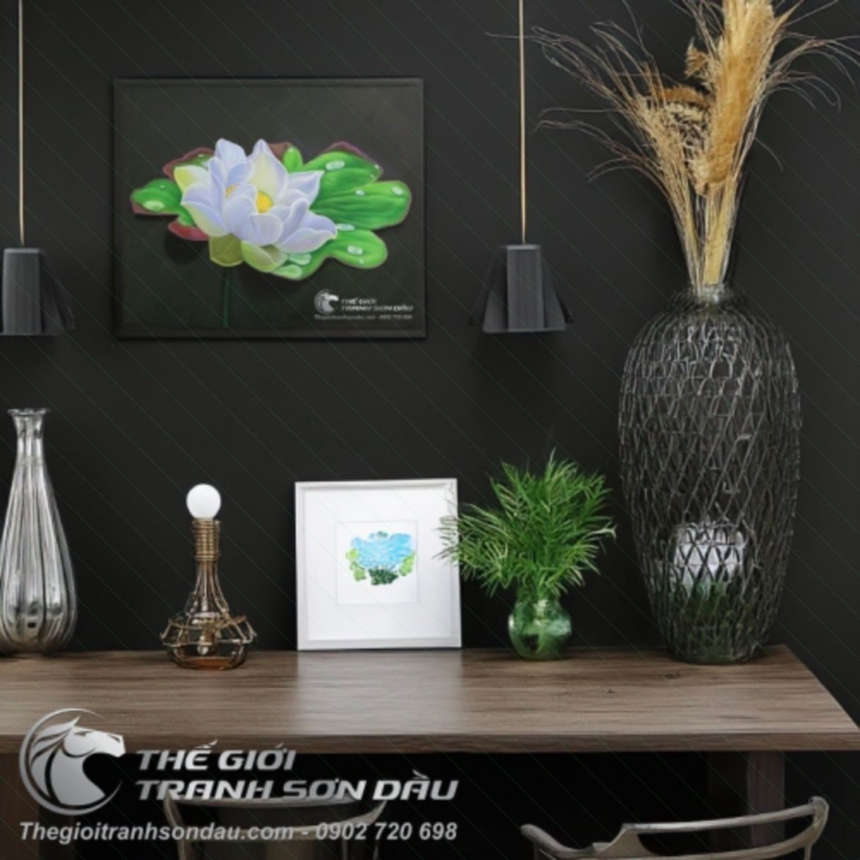 Tranh Sơn Dầu Hoa Sen Trắng Nghệ Thuật 60x120cm Khung Sang 