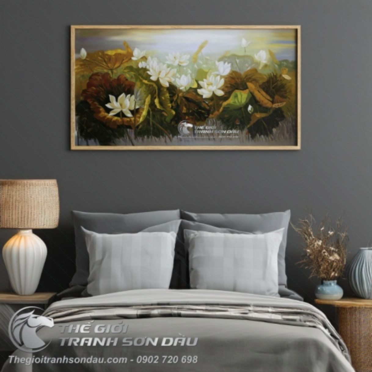Tranh Sơn Dầu Đầm Hoa Sen Trắng Khung Gỗ Kích Thước Đa Dạng 