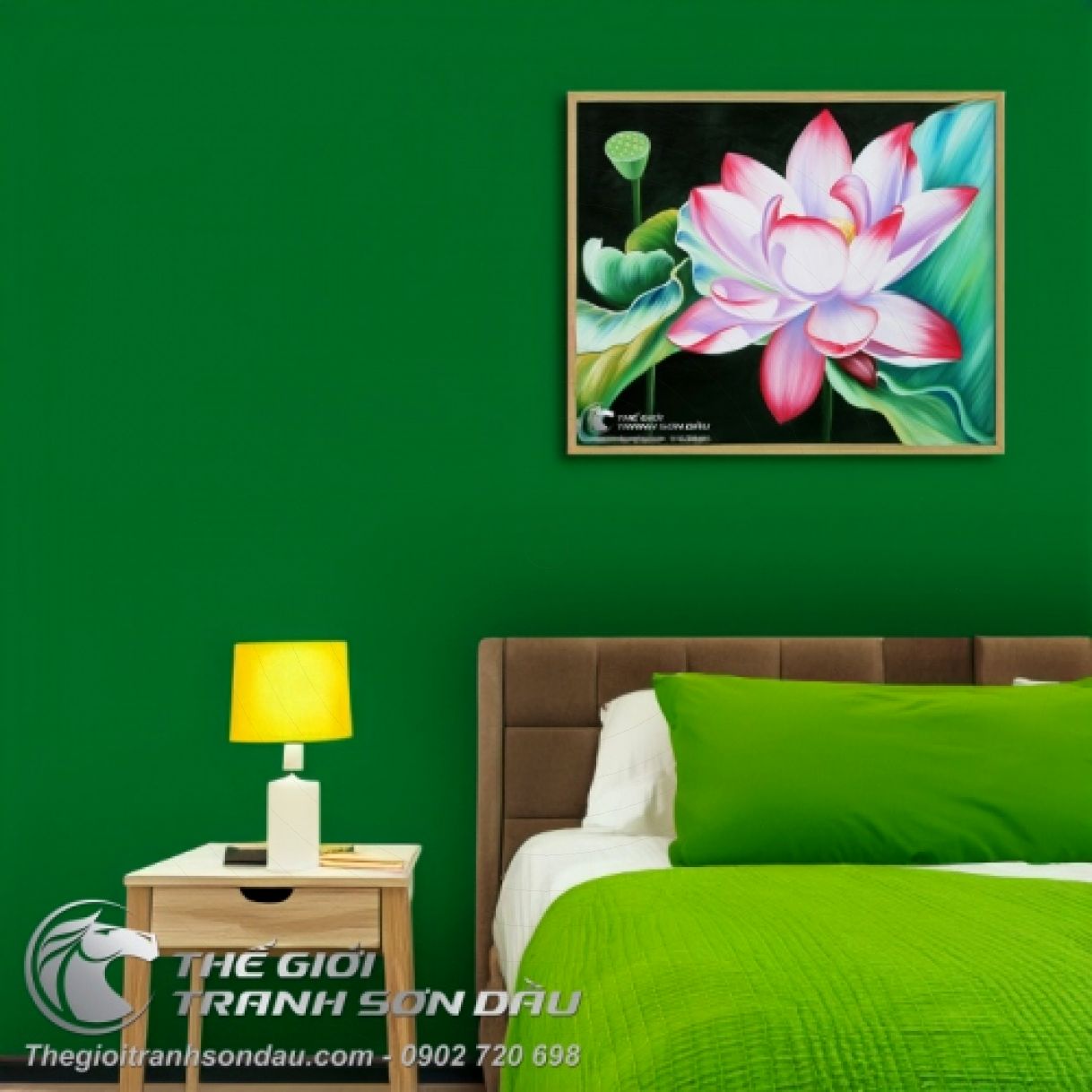 Tranh Sơn Dầu Hoa Sen Hồng Xinh Đẹp 50x60cm Khung 5cm Màu Sắc Đa Dạng 