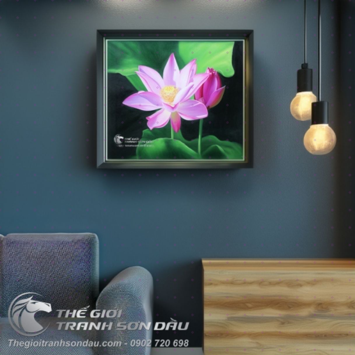 Tranh Hoa Sen Hồng Tinh Khôi Sơn Dầu 50x60cm Khung 5cm Sang Trọng 