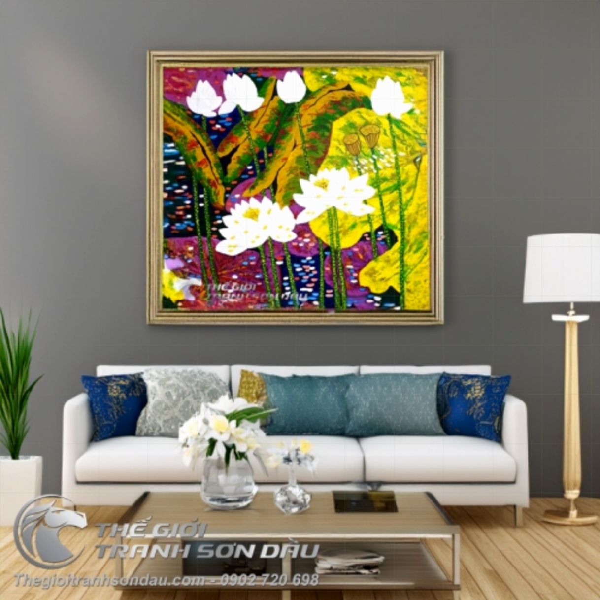 Tranh Sơn Dầu Hoa Sen Dày Màu Nghệ Thuật 90x90cm Khung 7cm 