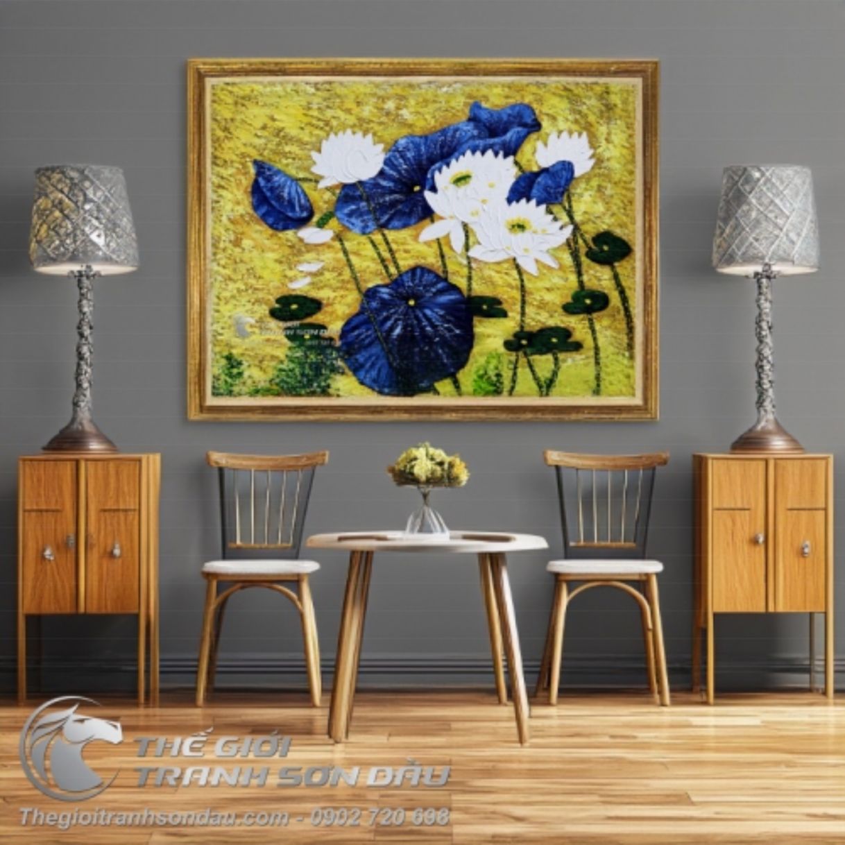 Tranh Hoa Sen Trắng Sơn Dầu Nghệ Thuật Kích Thước 60x90cm 