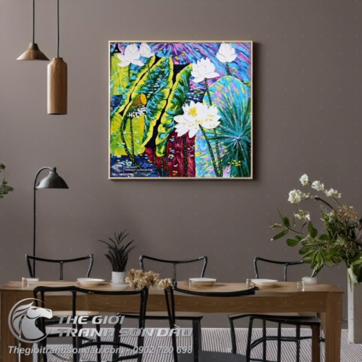 Tranh Hoa Sen Trắng Sơn Dầu Vẽ Dày Màu Rực Rỡ 80x80cm 