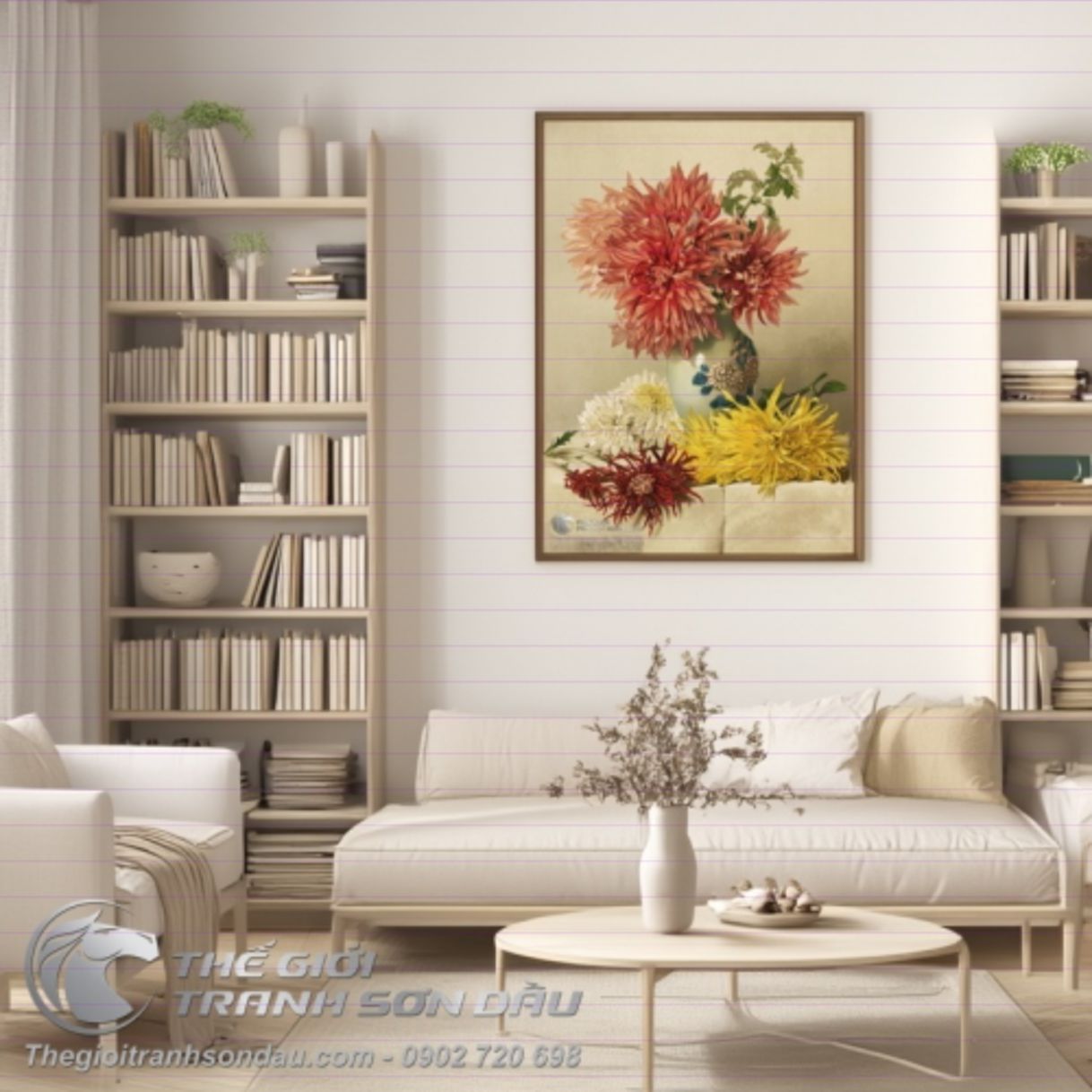 Tranh bình hoa cúc đẹp thanh tao sơn dầu đa sắc 60x90cm 