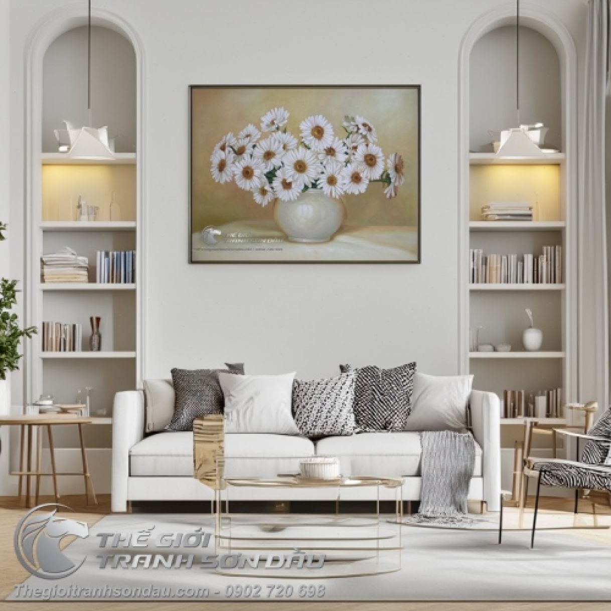 Tranh Sơn Dầu Bình Hoa Cúc Trắng Tả Thực 60x90cm Đẹp 
