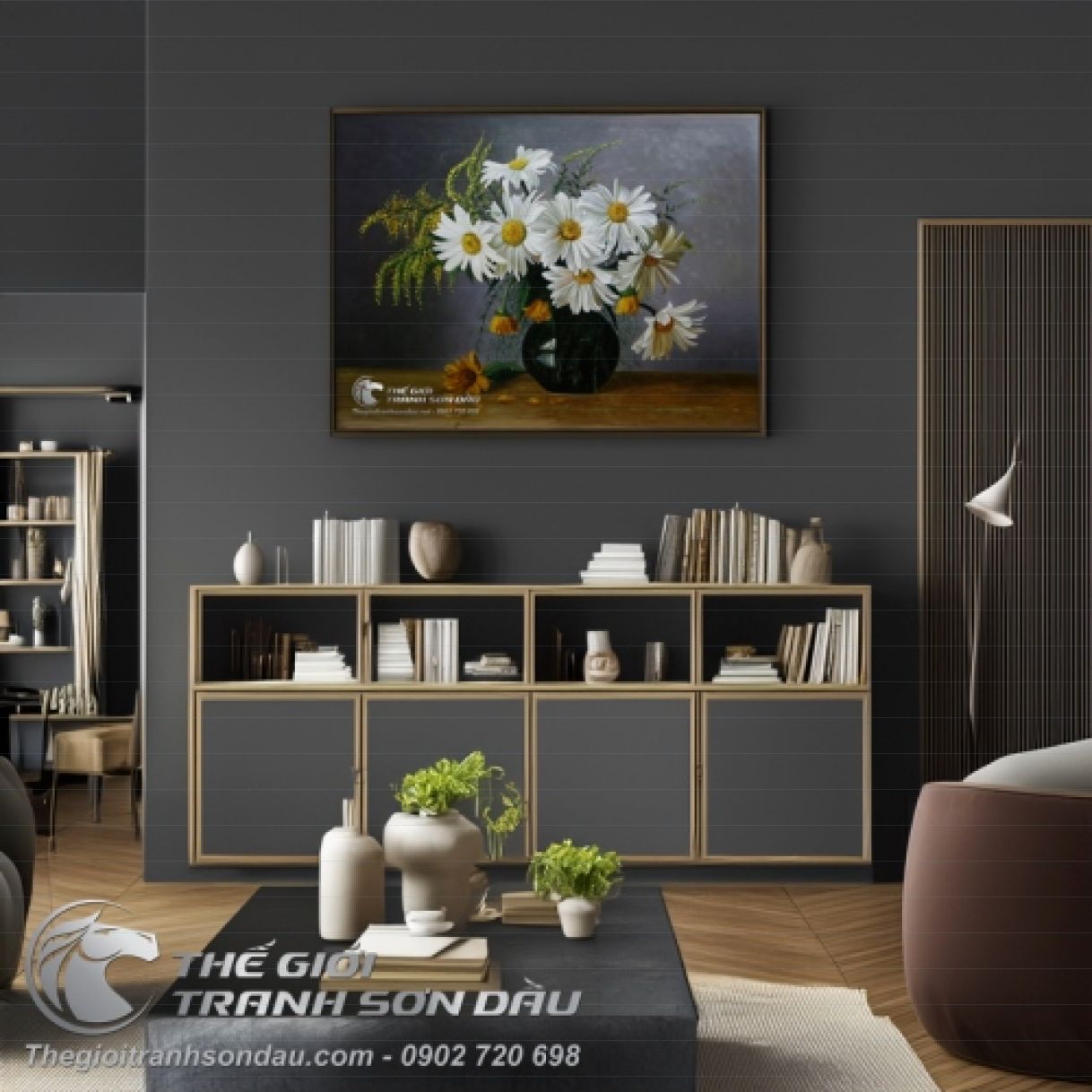 Tranh Tĩnh Vật Bình Hoa Cúc Trắng Sơn Dầu 60x90cm Đa Sắc 