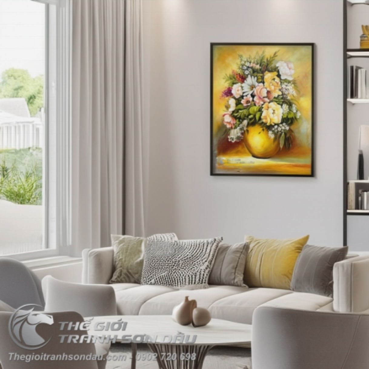 Tranh Sơn Dầu Bình Hoa Trang Trí Phòng Khách 