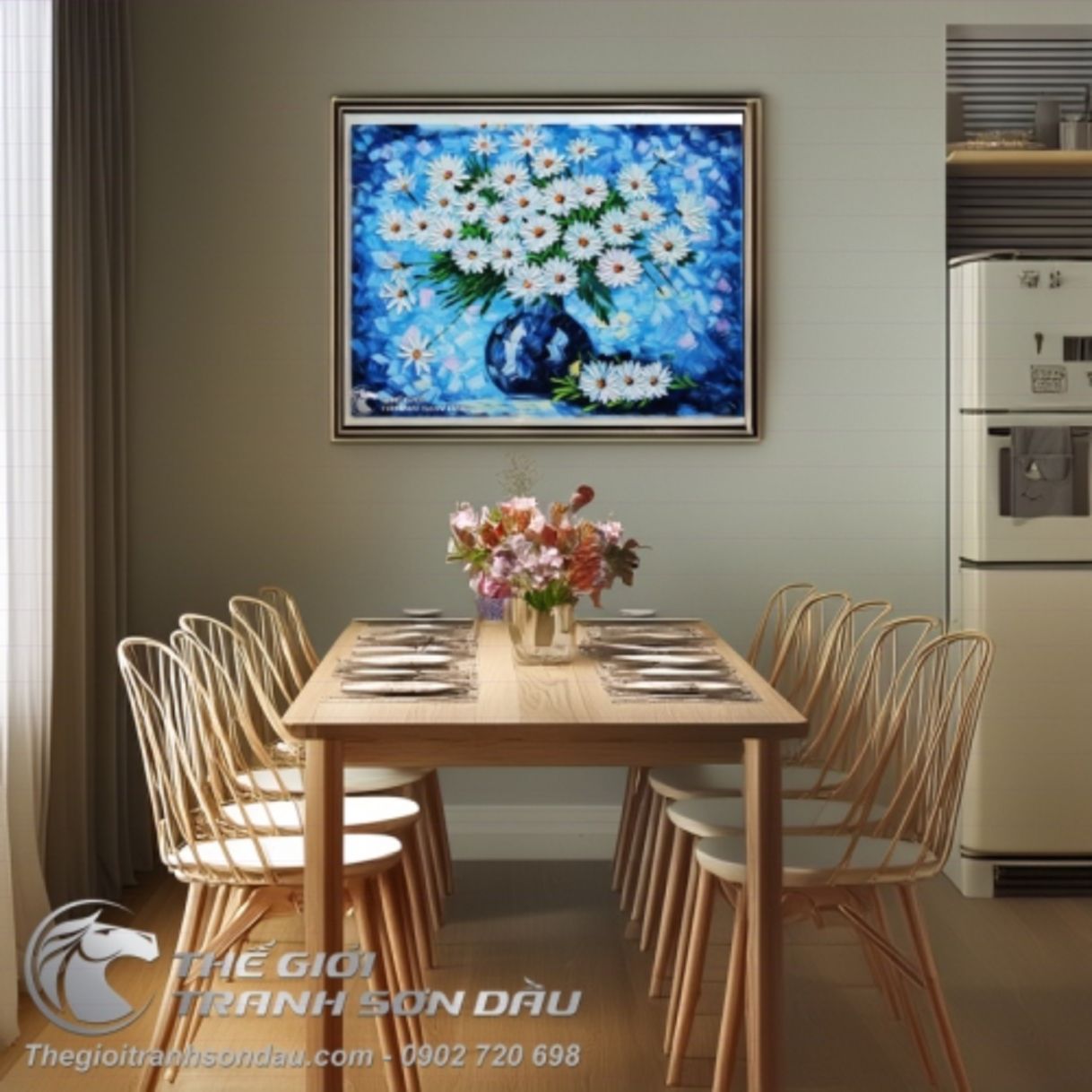 Tranh Sơn Dầu Hoa Cúc Trắng Dày Màu 60x80cm Khung Gỗ Sang Trọng 