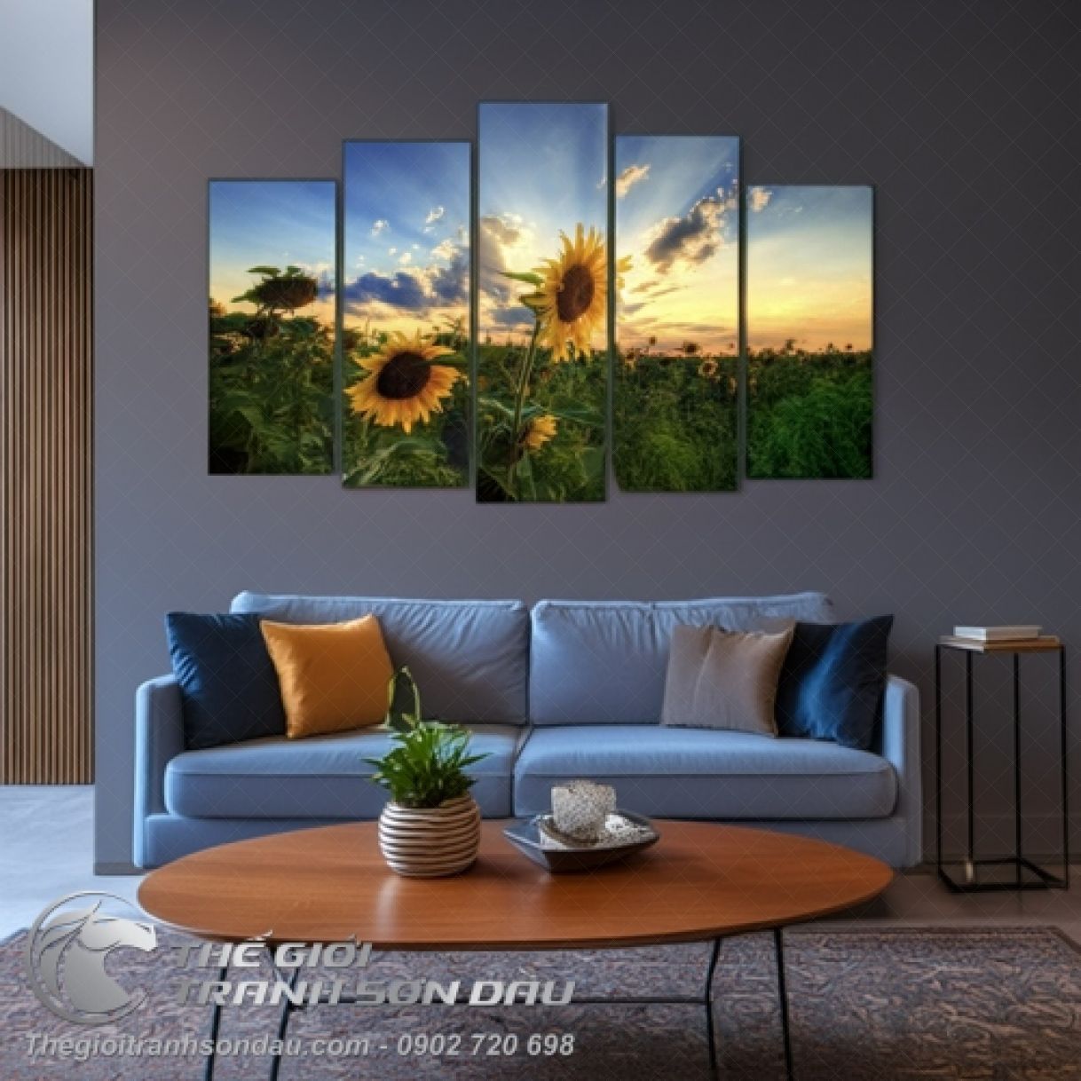 Tranh bộ 5 hoa hướng dương sơn dầu đa sắc khung 6cm sang trọng 