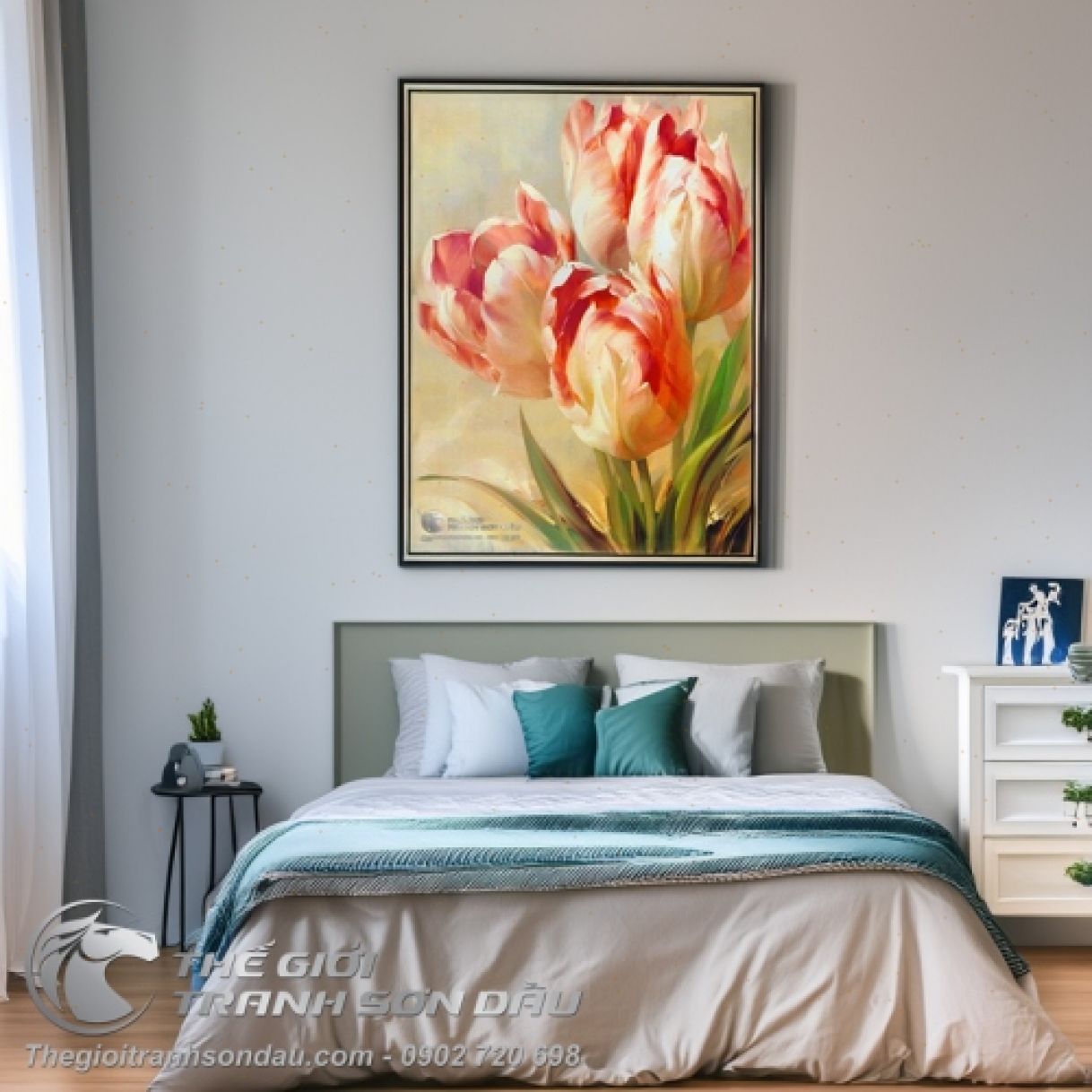 Tranh Sơn Dầu Hoa Tulip Màu Đỏ Đa Kích Thước Đẹp 