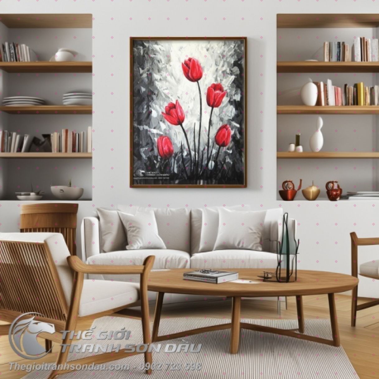 Tranh Hoa Tulip Màu Đỏ Sơn Dầu Rực Rỡ Trang Trí Nhà Sang Trọng 
