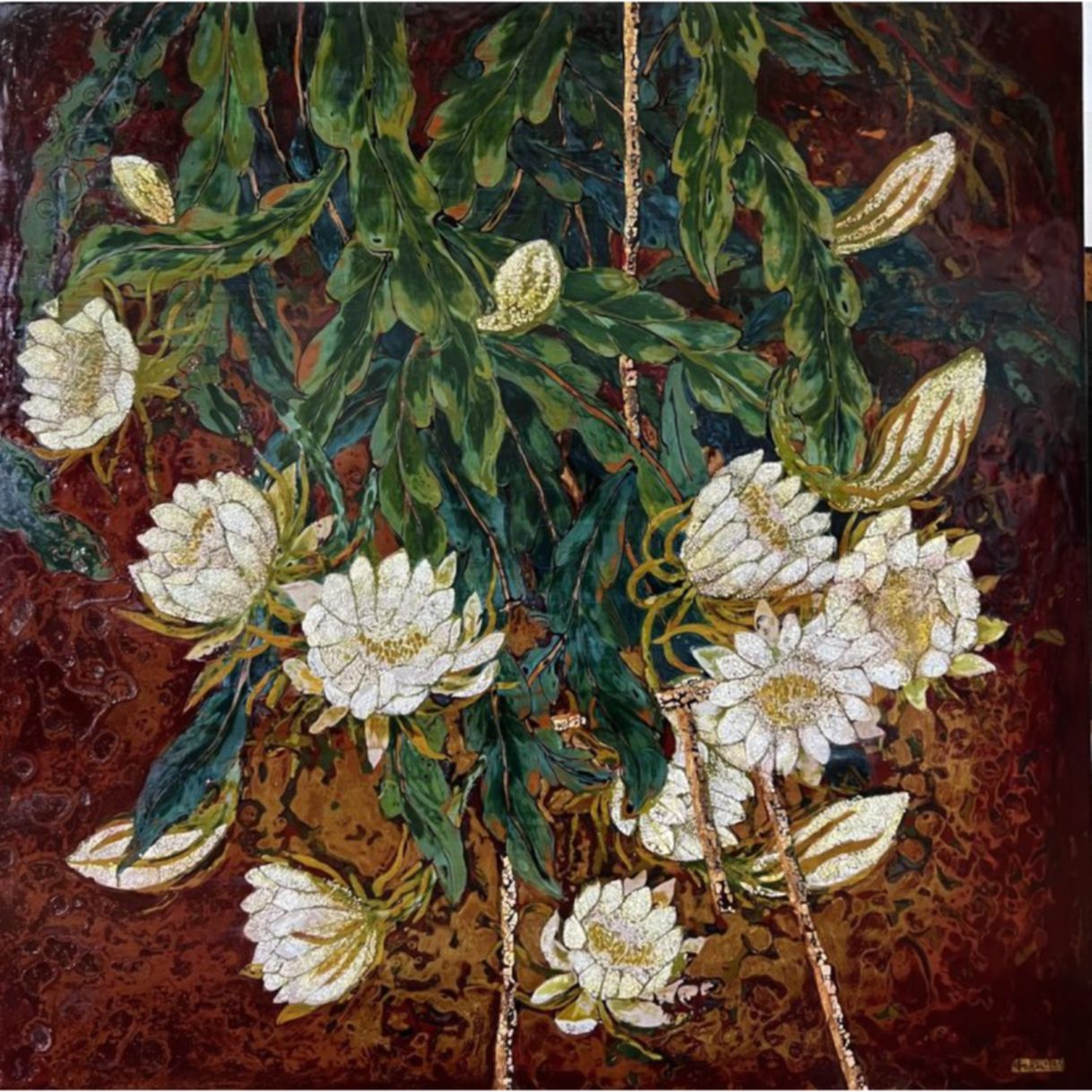 Tranh Sơn Mài Những Đóa Quỳnh Hương Truyền Thống 80x80cm 