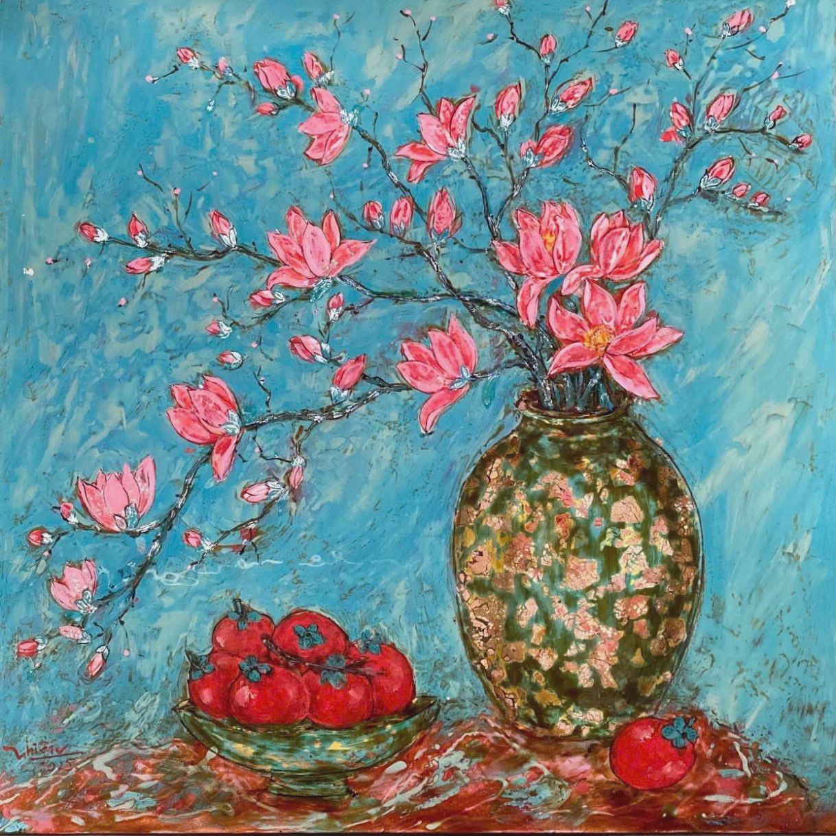 Tranh Sơn Mài Trên Bàn Có Xuân 60x60cm Độc Bản Họa Sĩ 