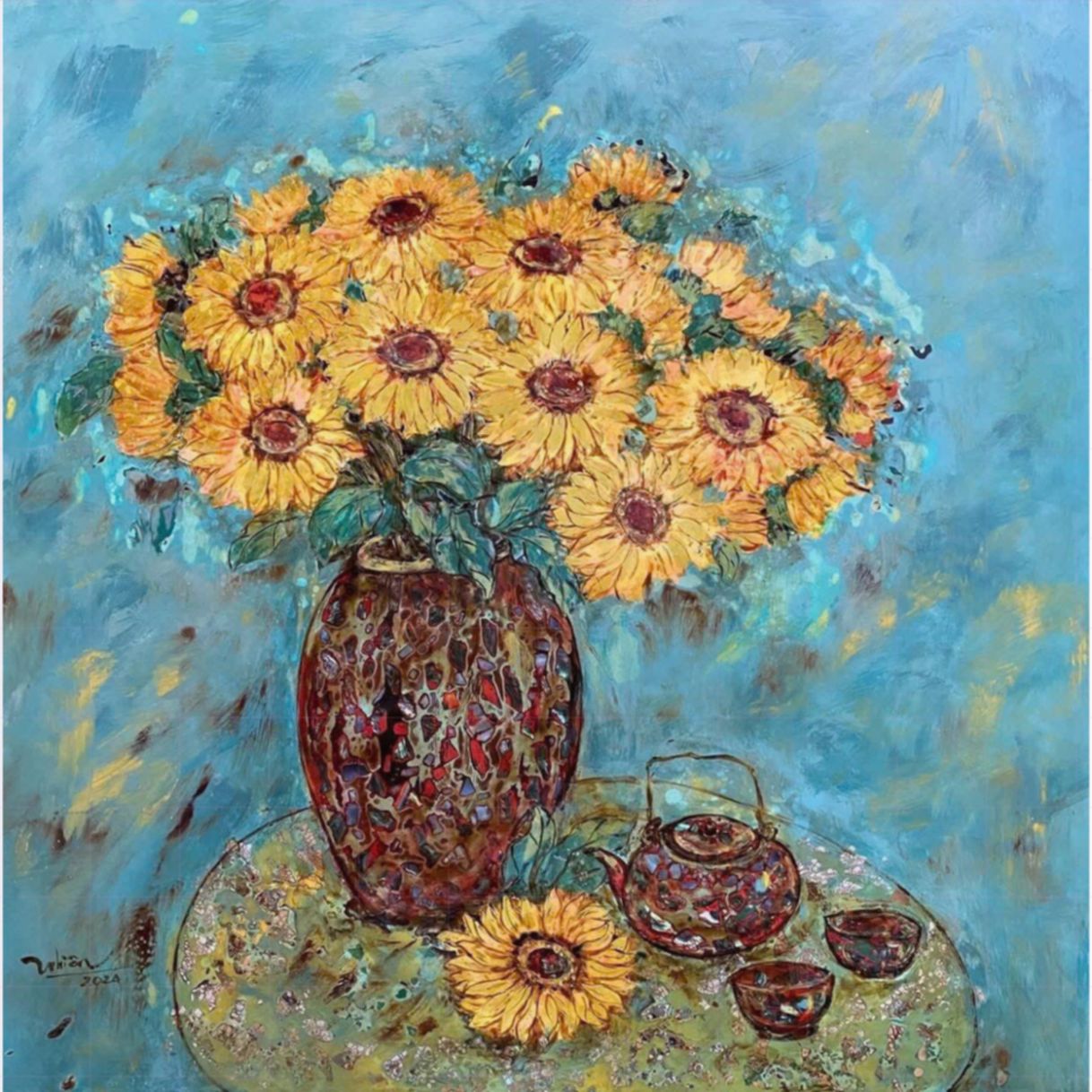 Tranh Sơn Mài Hoa Hướng Dương 60x80cm Độc Bản Tác Giả 
