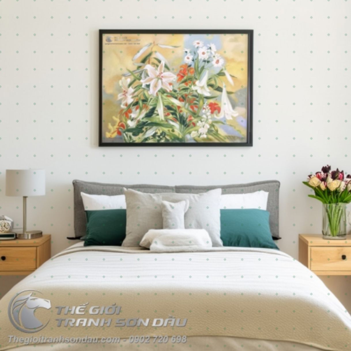 Tranh Sơn Dầu Hoa Lily Và Hoa Cúc Trắng Nổi Bật Đa Kích Thước 