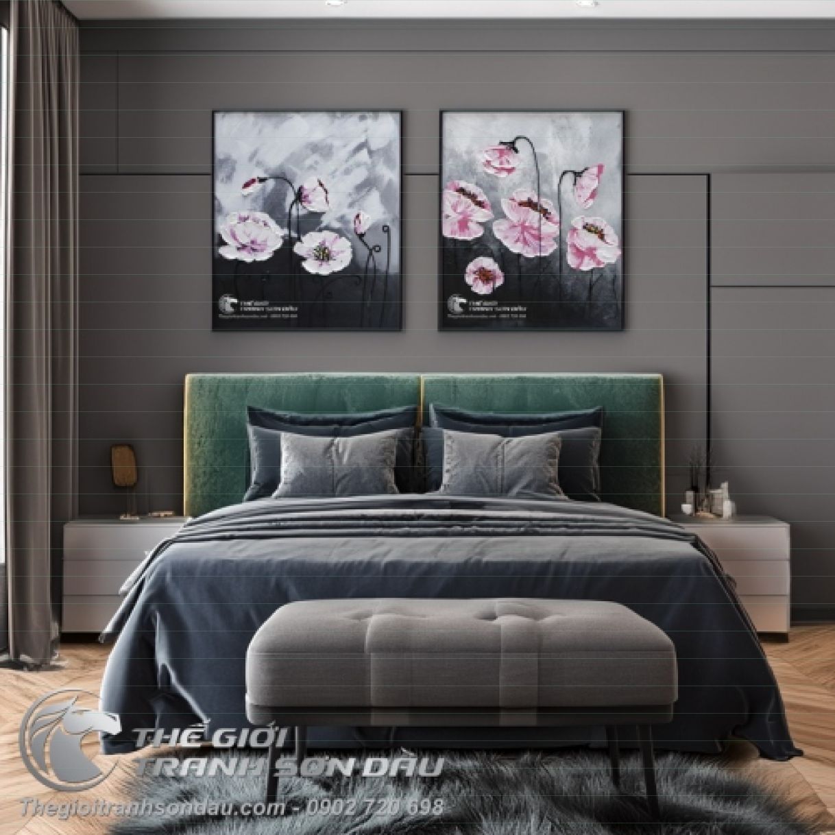 Tranh Bộ Hoa Màu Hồng Sơn Dầu Sang Trọng 60x90cm 
