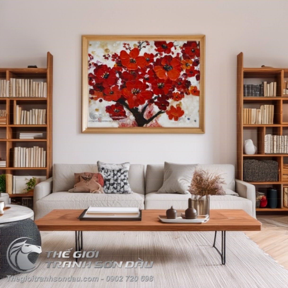Tranh Sơn Dầu Cành Hoa Đỏ Trang Trí Đa Kích Thước 60x90cm 
