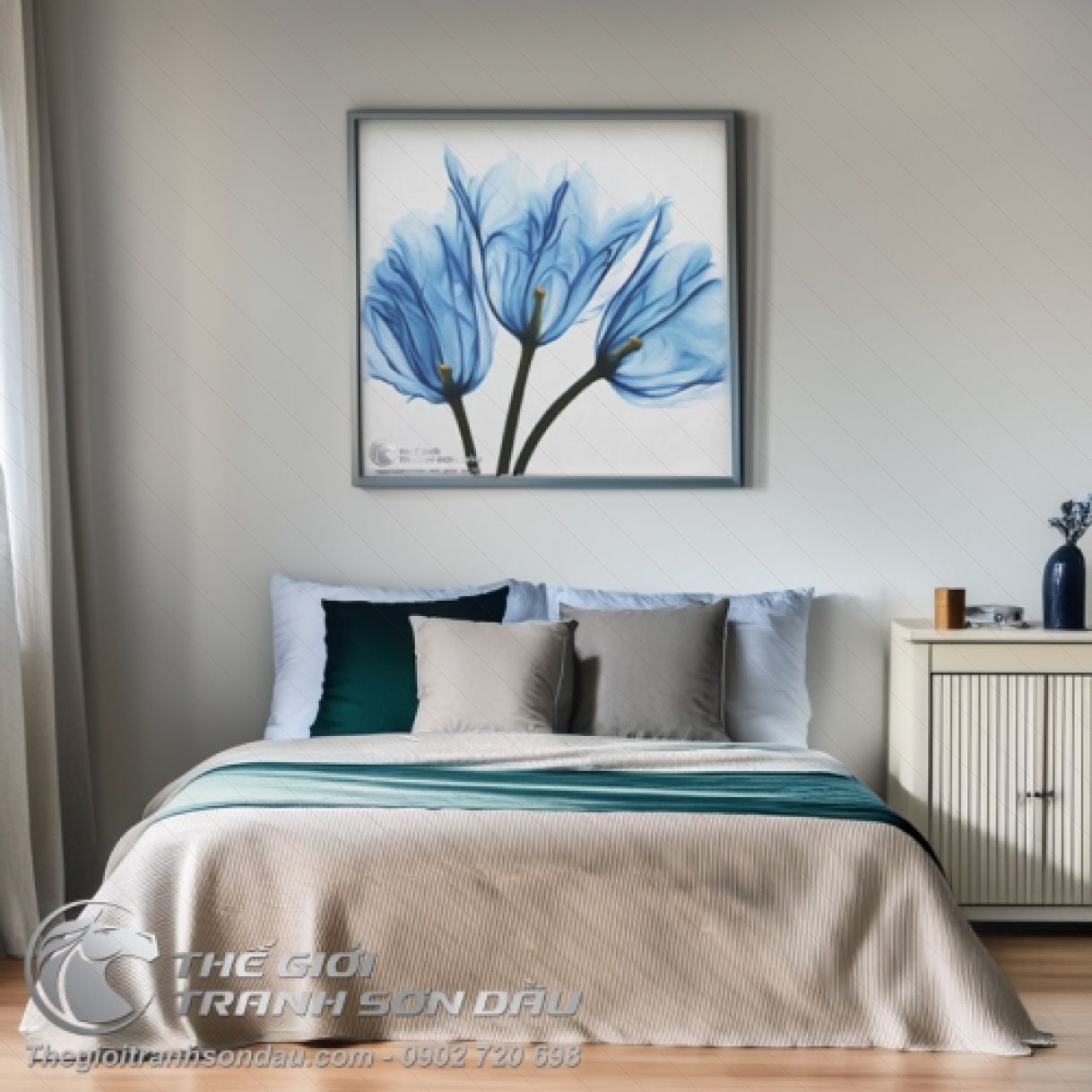 Tranh Sơn Dầu Hoa Tulip Hiện Đại Đa Kích Thước Màu Xanh Tươi 