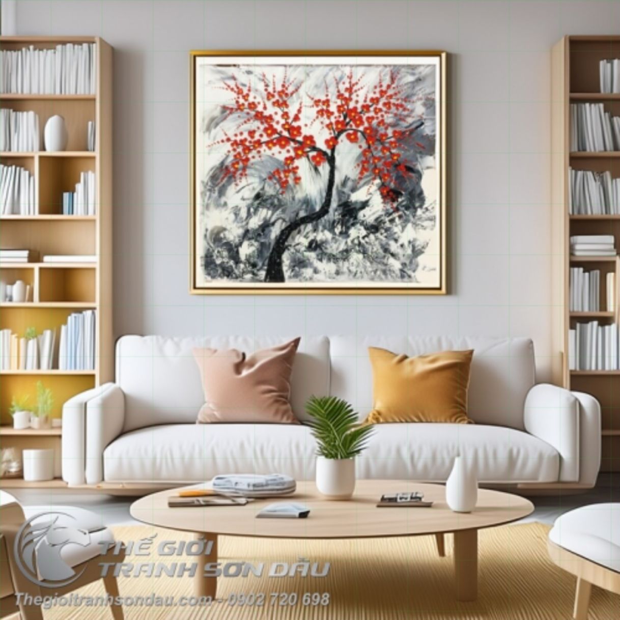 Tranh cành hoa đào đỏ sơn dầu đắp dày sắc nét 
