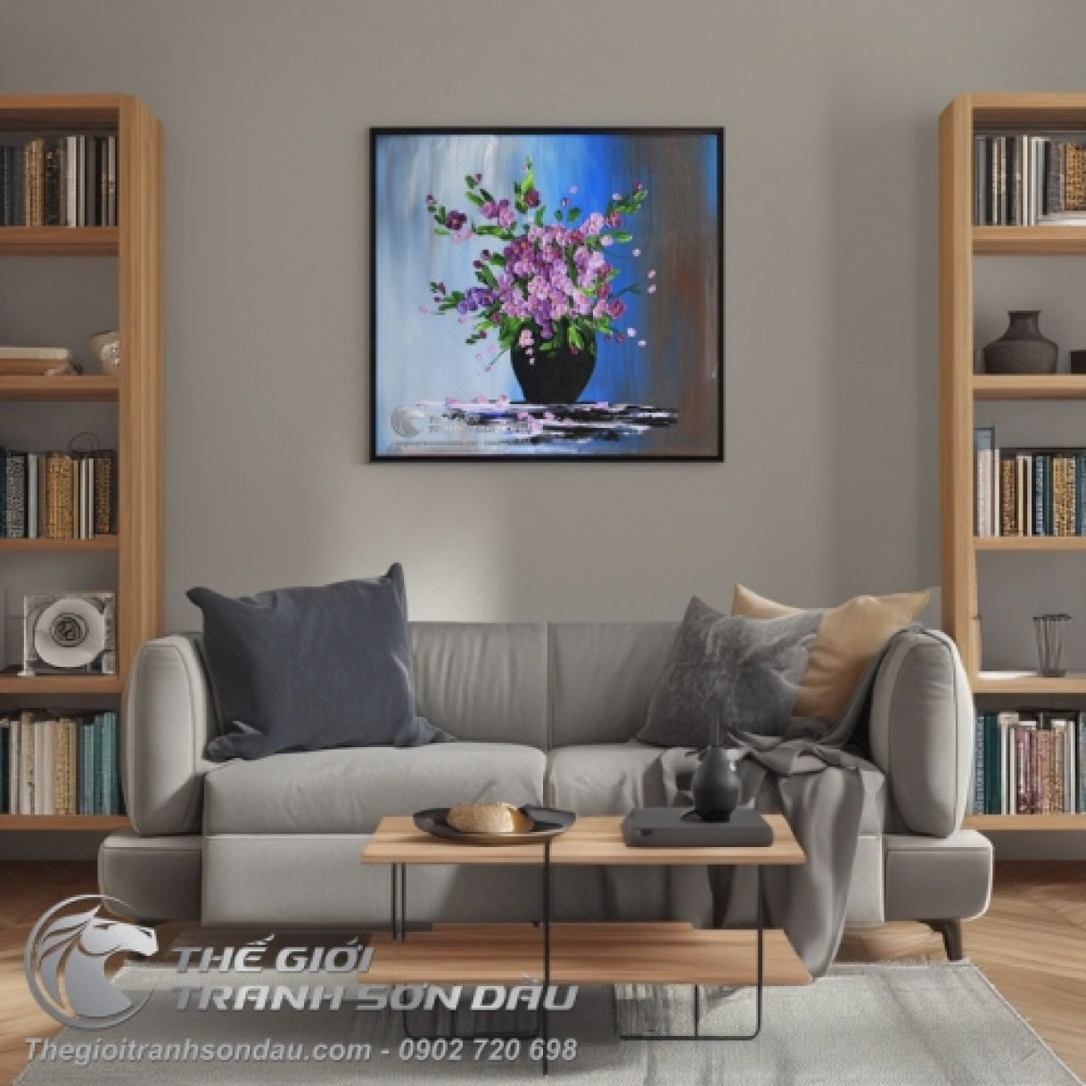 Tranh sơn dầu bình hoa tím treo cầu thang đa sắc khung 60x90cm 