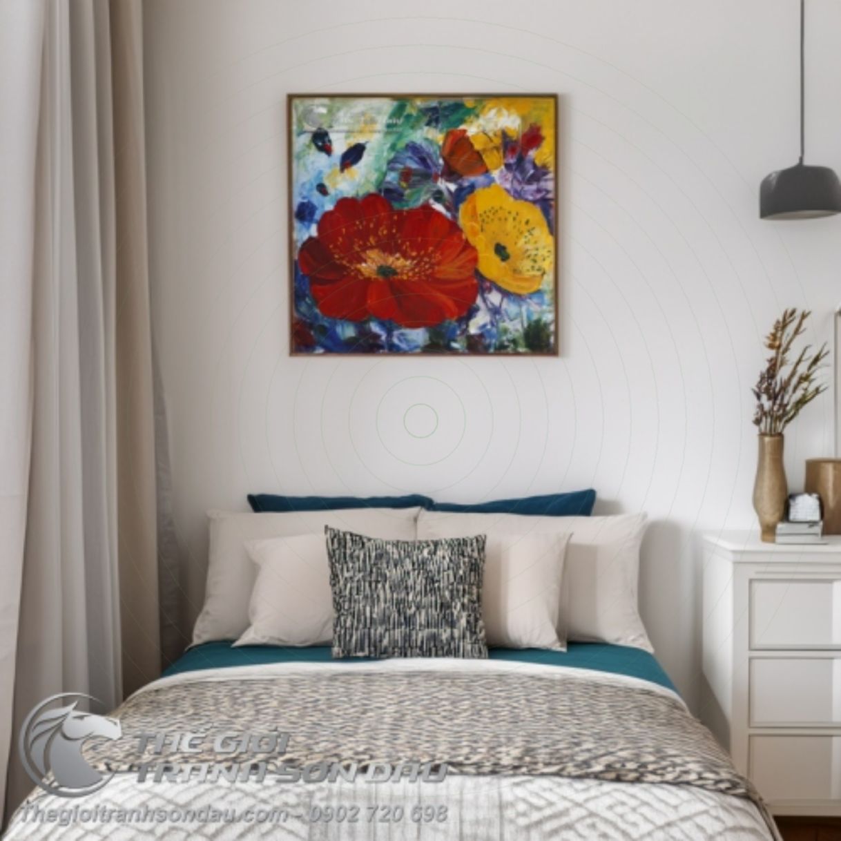 Tranh Sơn Dầu Vườn Hoa Màu Đỏ Treo Phòng Đẹp 60x90cm 